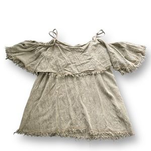 Umgee Olive Cotton Blend Off Shoulder Raw Fringe Blouse Women's Size Med Boho